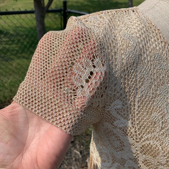 Vintage Maxi Dress Metallic Gold Lace Fringe Mother of the Bride Evening Gown - Picture 5 of 16